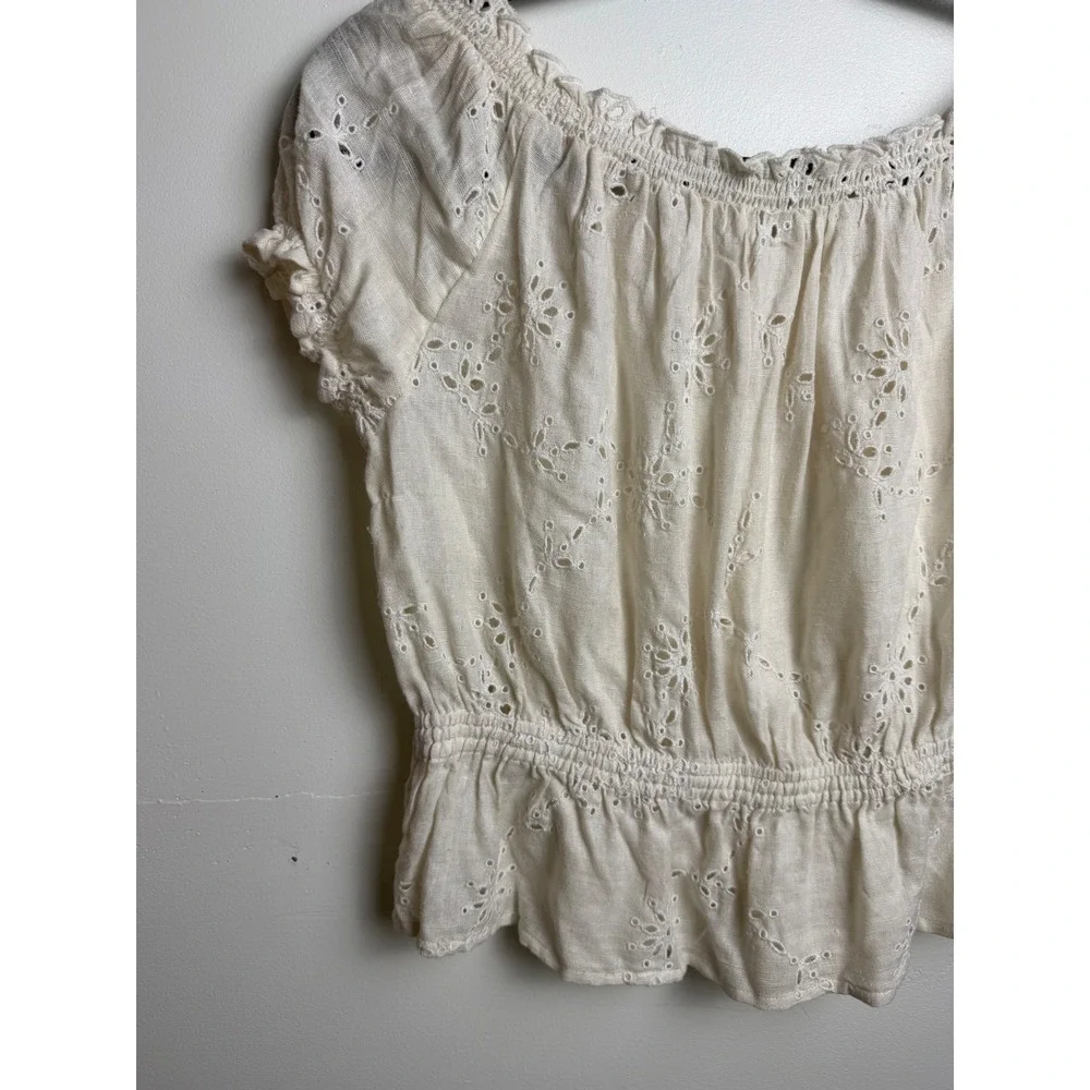 Free People Cream Eyelet Embroidery Peasant Blouse Cottagecore Puff Sleeve Top M